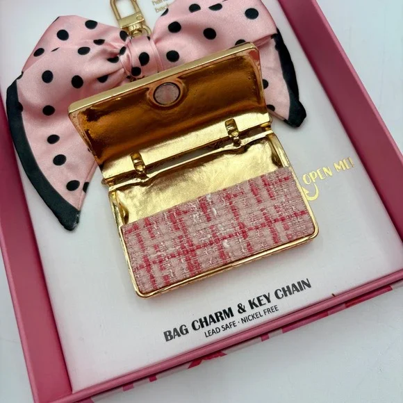Piper K Bag Charm Key Chain Pink Tweed Purse Bow Gold Tone Cute Fun Accessory